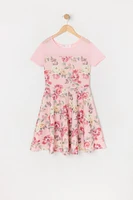 Girls Rose Print Mesh Skater Dress