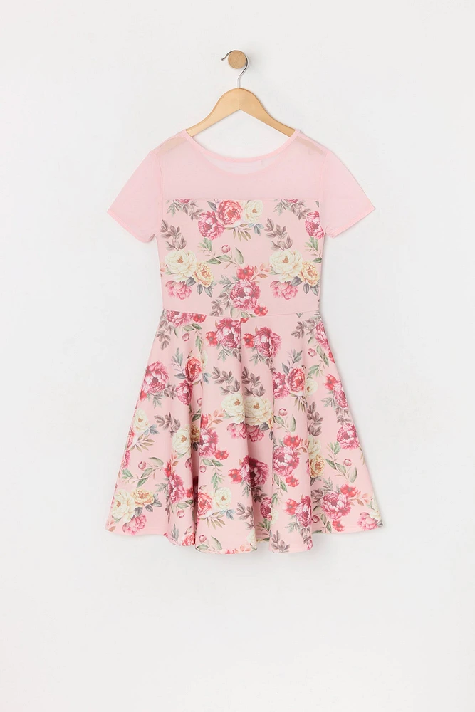 Girls Rose Print Mesh Skater Dress