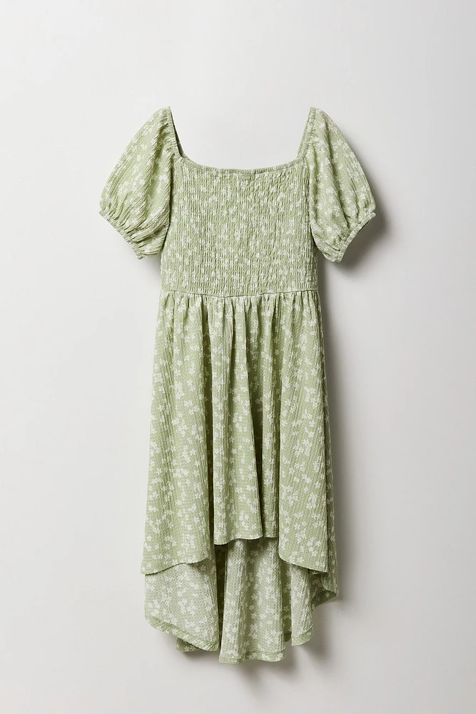Girls Floral Puff Sleeve High-Low Dress