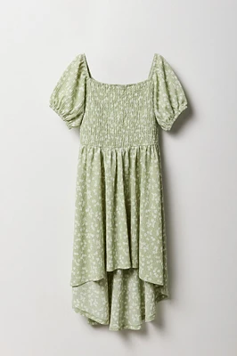Girls Floral Puff Sleeve High-Low Dress