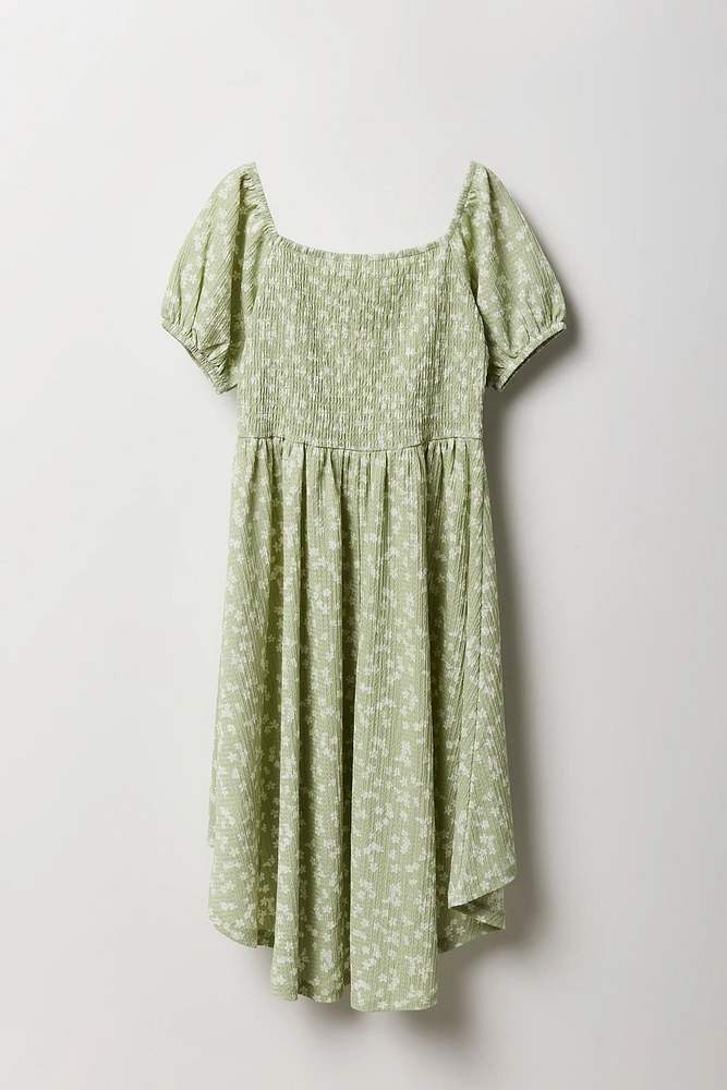 Girls Floral Puff Sleeve High-Low Dress