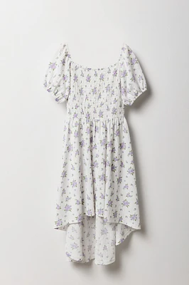 Girls Floral Puff Sleeve High-Low Dress