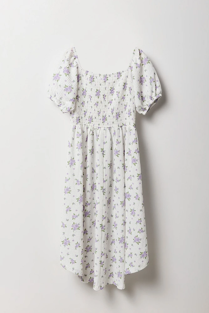 Girls Floral Puff Sleeve High-Low Dress