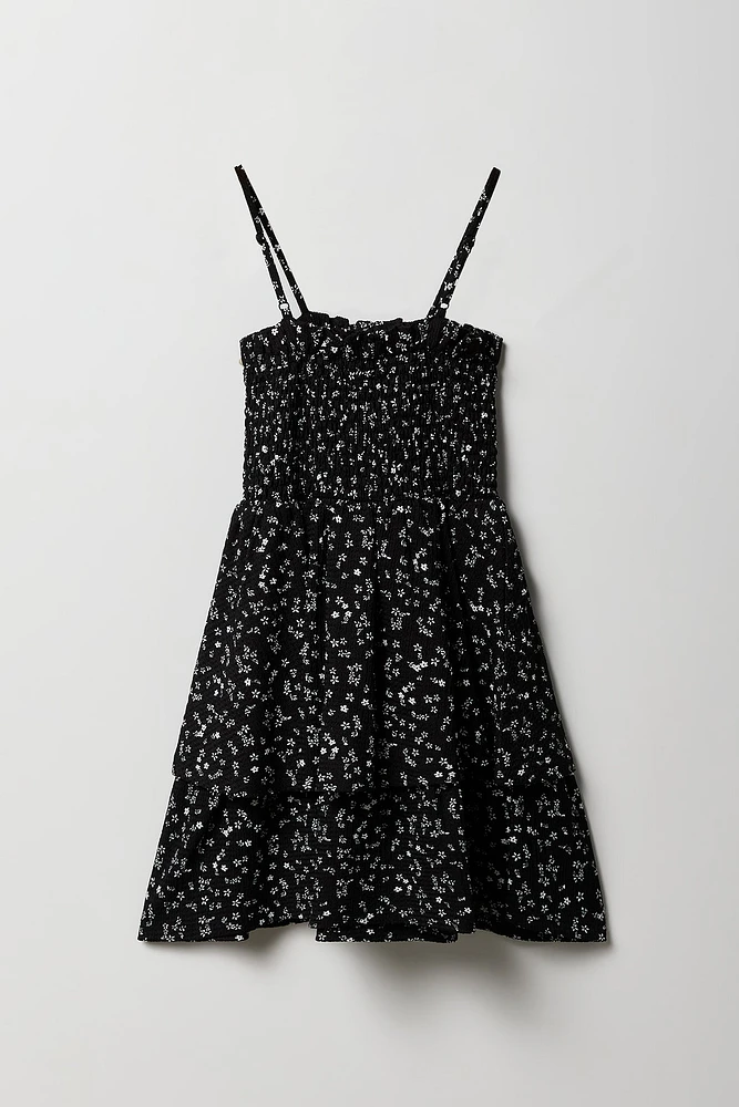 Girls Floral Crinkle Smocked Tiered Dress