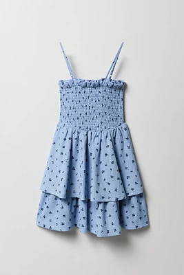 Girls Floral Crinkle Smocked Tiered Dress