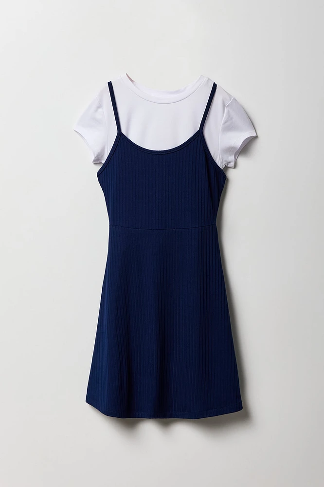 Ensemble avec t-shirt et robe à jupe virevoltante côtelée pour fille