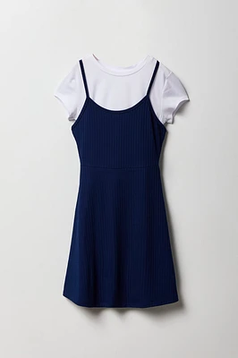 Ensemble avec t-shirt et robe à jupe virevoltante côtelée pour fille