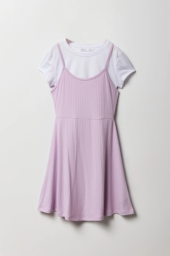 Ensemble avec t-shirt et robe à jupe virevoltante côtelée pour fille