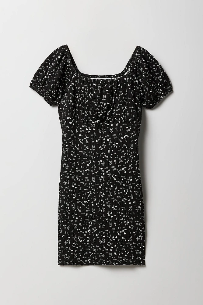 Girls Floral Ribbed Milkmaid Dress