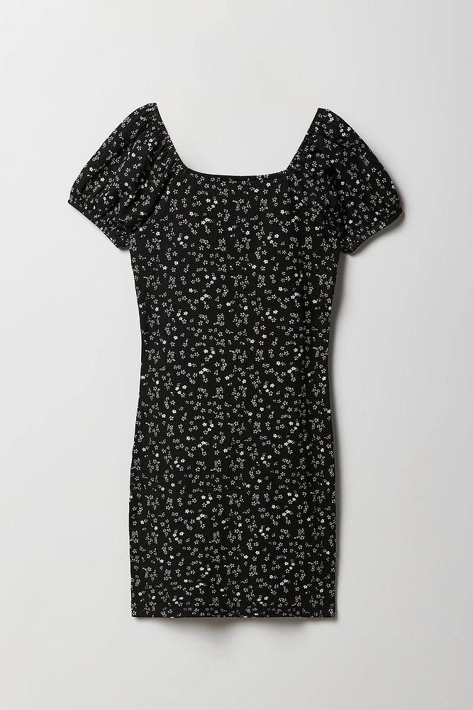 Girls Floral Ribbed Milkmaid Dress