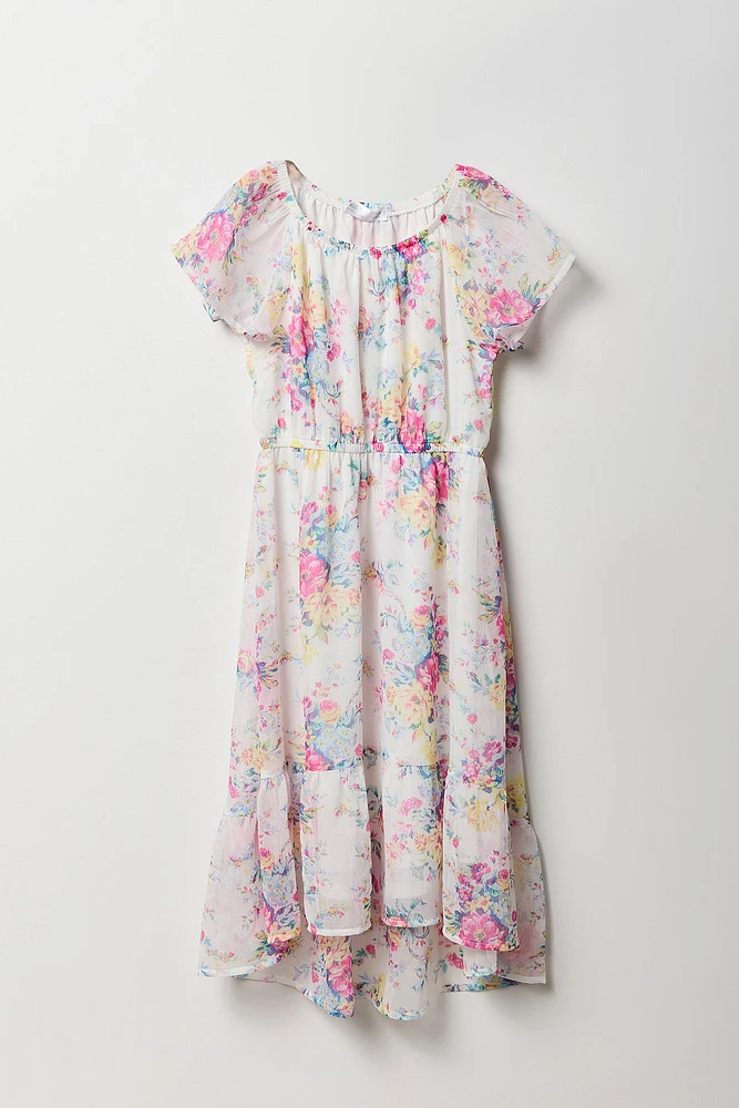 Girls Floral Chiffon High-Low Dress