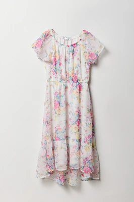 Girls Floral Chiffon High-Low Dress