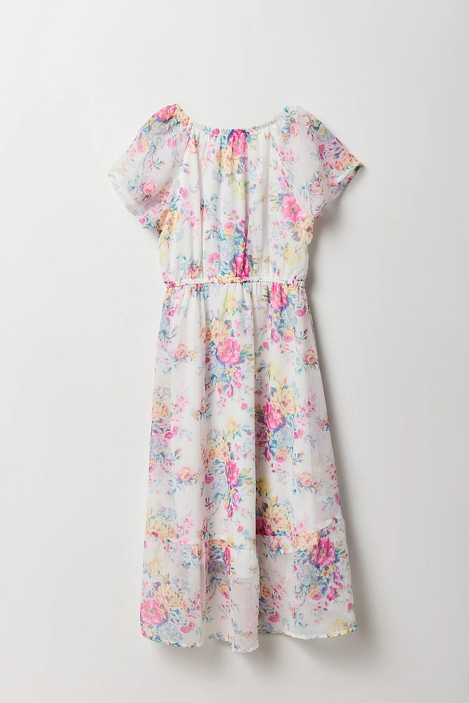 Girls Floral Chiffon High-Low Dress