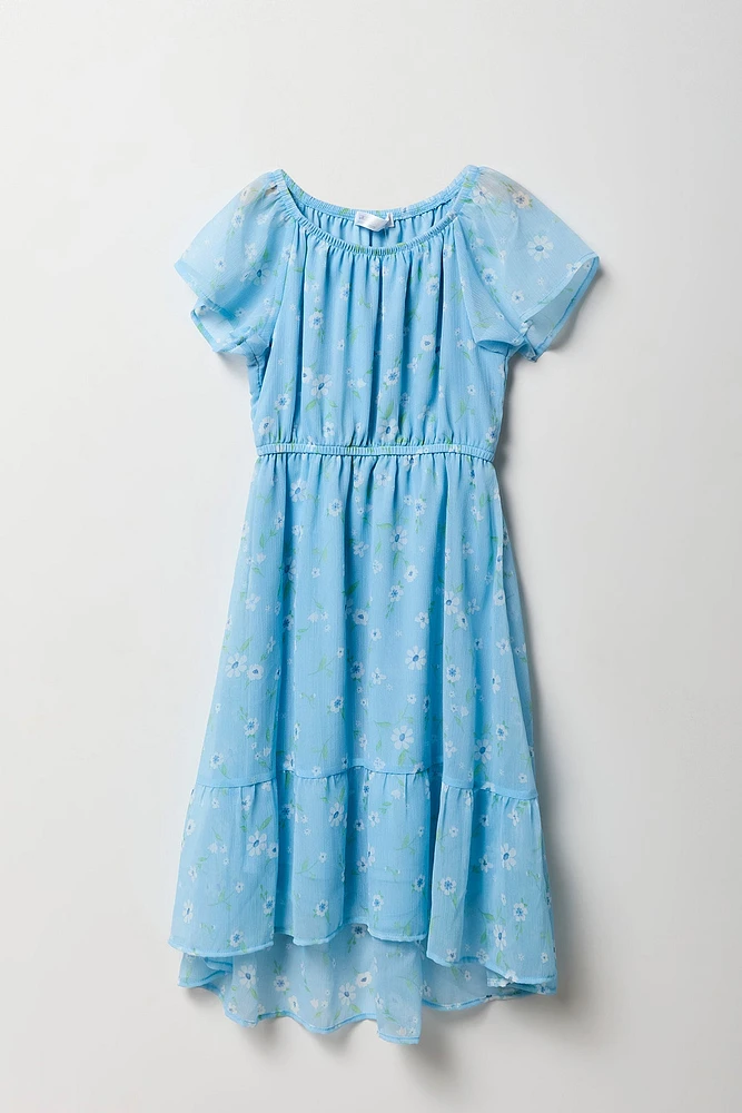 Girls Floral Chiffon High-Low Dress