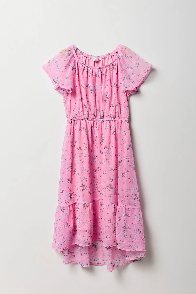 Girls Floral Chiffon High-Low Dress