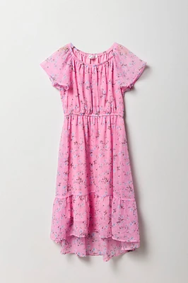 Girls Floral Chiffon High-Low Dress