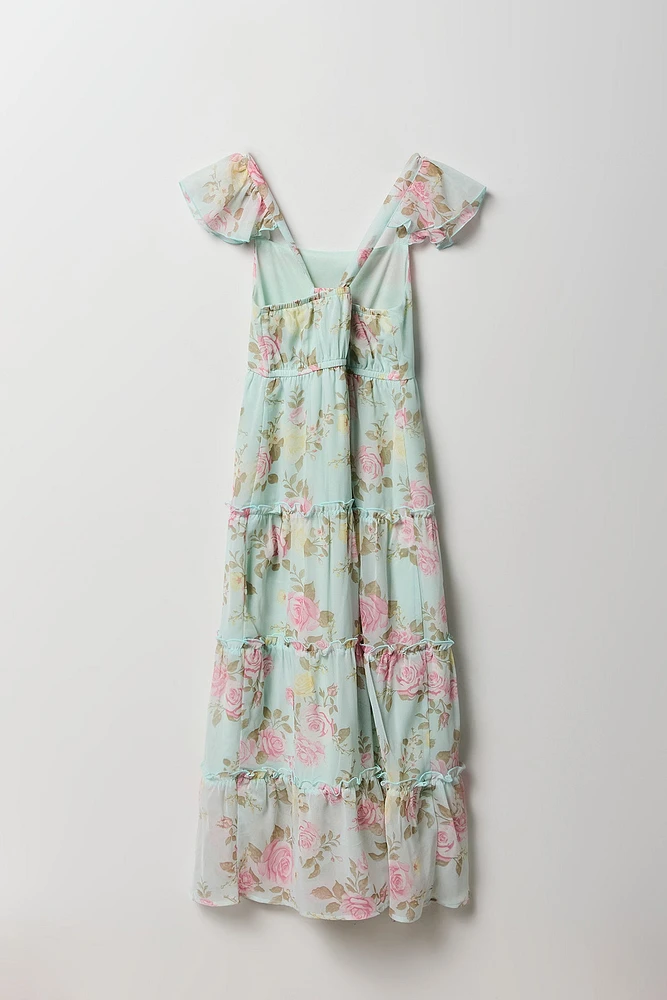 Girls Floral Chiffon Tiered Maxi Dress
