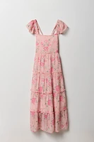 Robe maxi en mousseline à volant imprimé floral pour filles