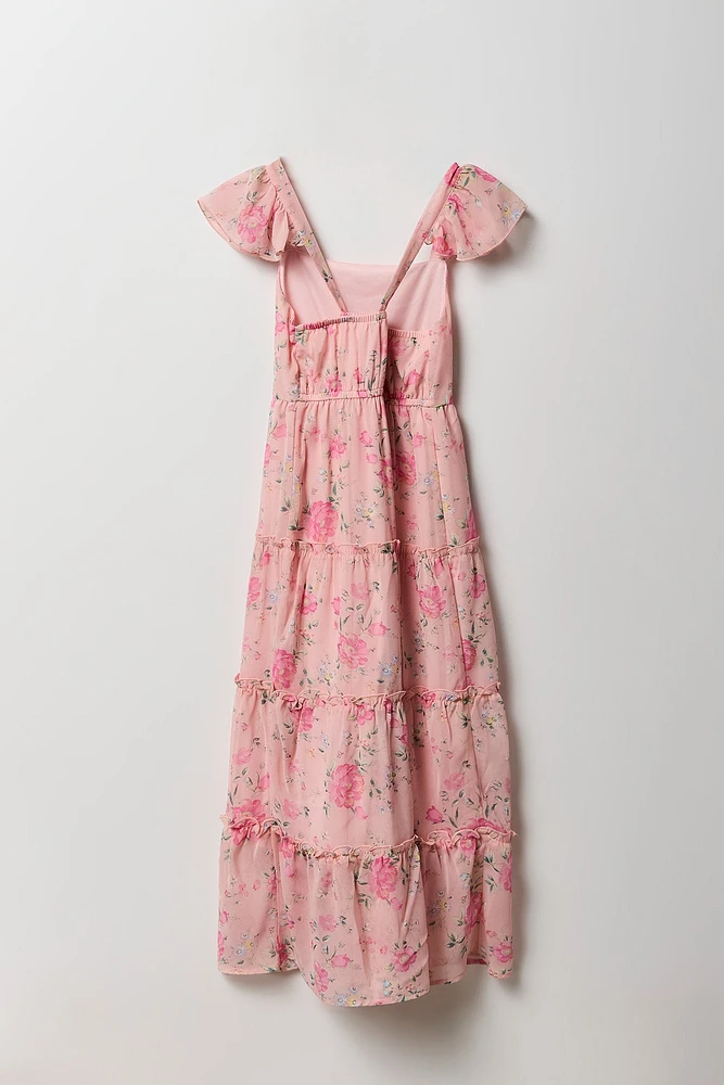 Robe maxi en mousseline à volant imprimé floral pour filles