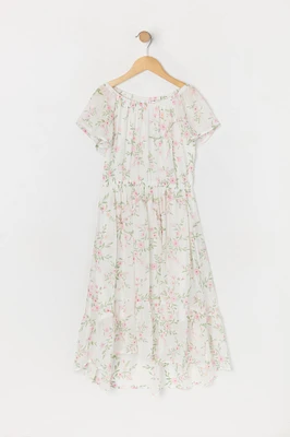 Girls Chiffon Floral Print Off Shoulder High-Low Dress