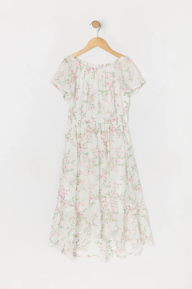 Girls Chiffon Floral Print Off Shoulder High-Low Dress