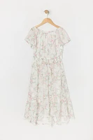 Girls Chiffon Floral Print Off Shoulder High-Low Dress