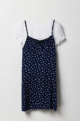 Ensemble avec t-shirt côtelé et robe fleurie pour fille