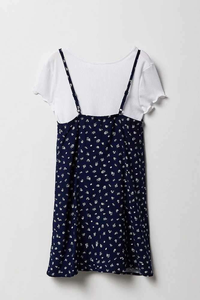 Ensemble avec t-shirt côtelé et robe fleurie pour fille