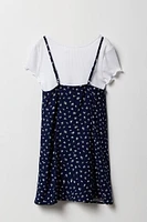 Ensemble avec t-shirt côtelé et robe fleurie pour fille
