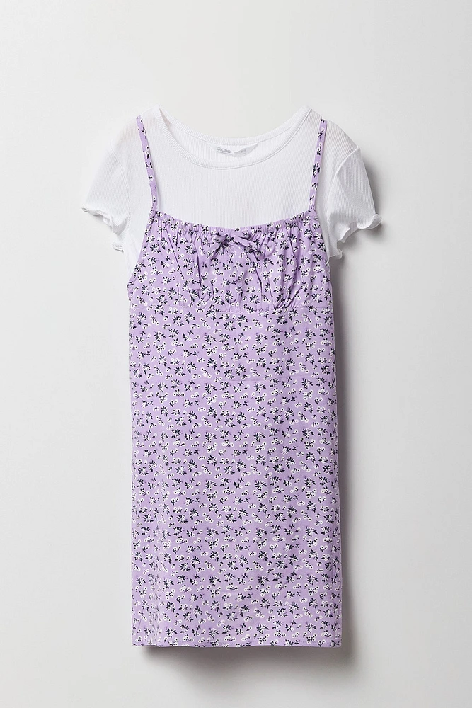 Ensemble avec t-shirt côtelé et robe fleurie pour fille
