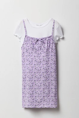 Ensemble avec t-shirt côtelé et robe fleurie pour fille