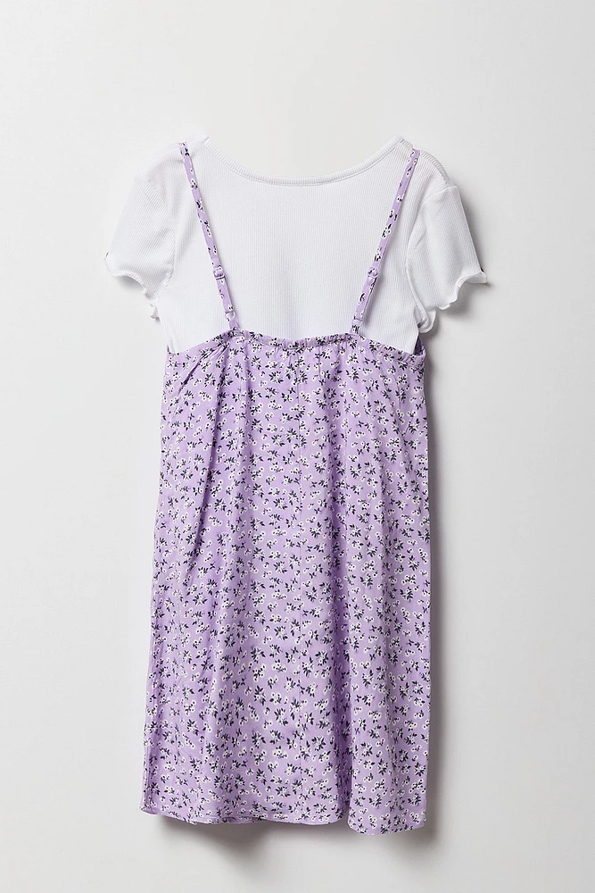Ensemble avec t-shirt côtelé et robe fleurie pour fille