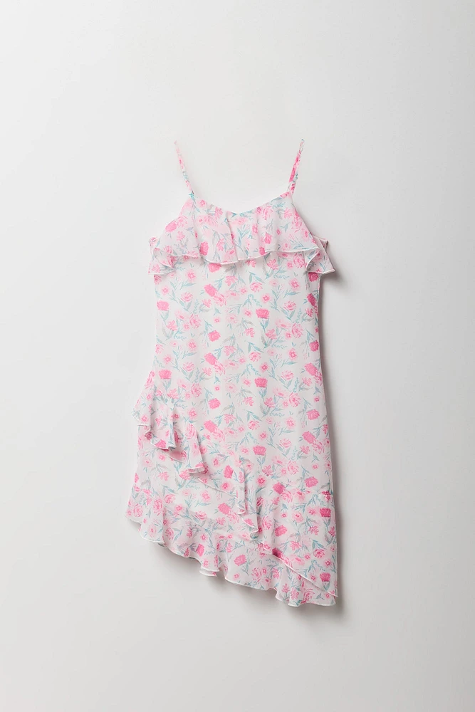 Girls Floral Chiffon Ruffle Asymmetrical Dress