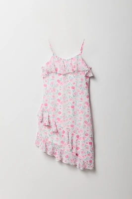 Girls Floral Chiffon Ruffle Asymmetrical Dress