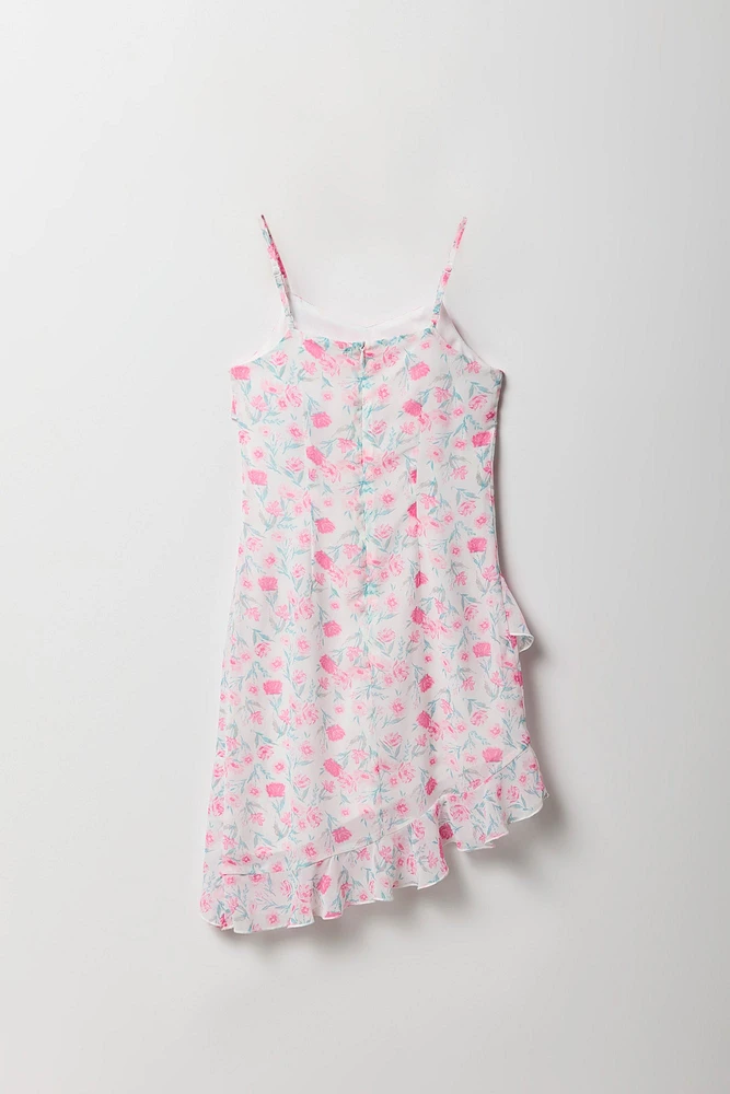 Girls Floral Chiffon Ruffle Asymmetrical Dress