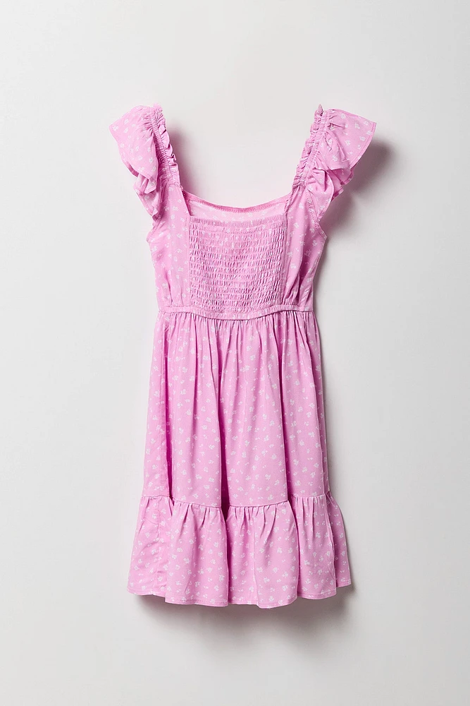 Girls Floral Flutter Sleeve Dress