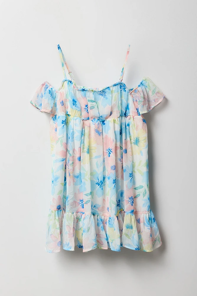 Girls Floral Chiffon Off-Shoulder Dress