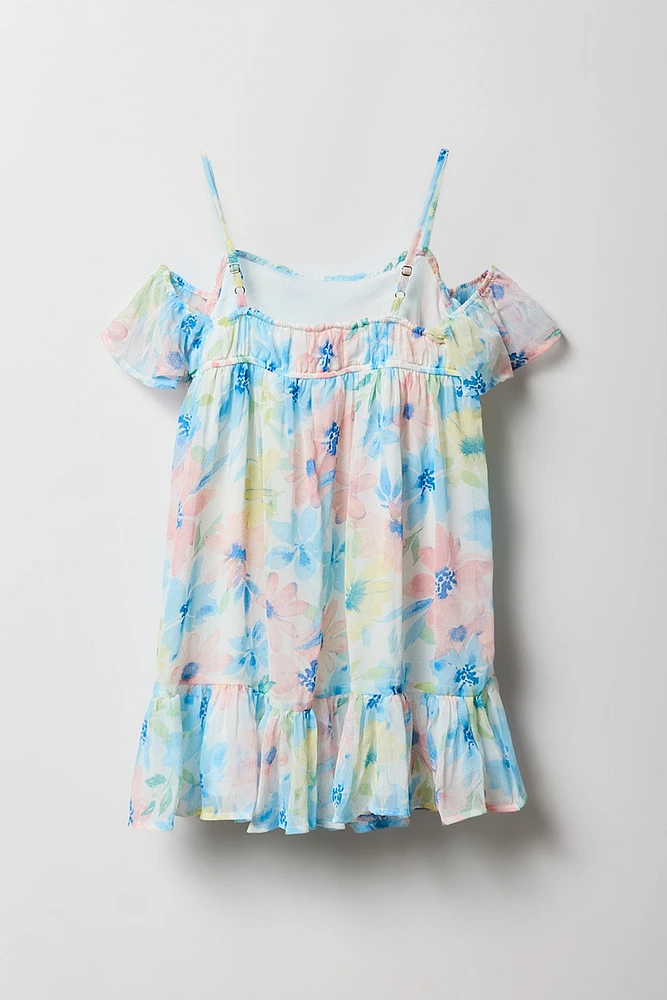 Girls Floral Chiffon Off-Shoulder Dress