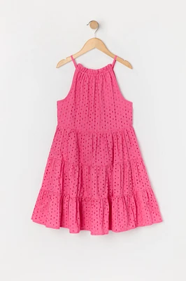 Girls Eyelet High Neck Tiered Dress