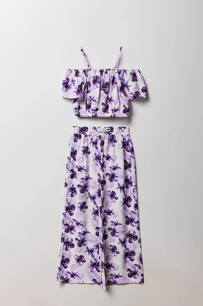 Ensemble avec haut à épaules dénudées et pantalon jambe large pour fille