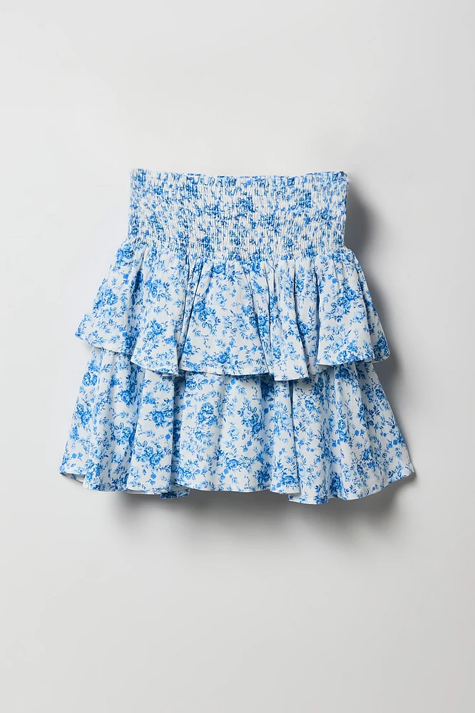 Ensemble avec haut fleuri à liséré smocké et jupe-short pour fille