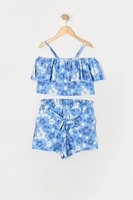 Girls Hawaiian Print Off Shoulder Top and Paperbag Short Set