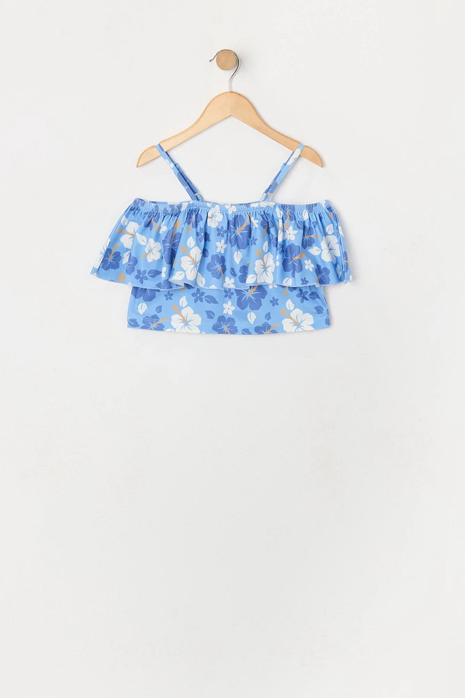 Girls Hawaiian Print Off Shoulder Top and Paperbag Short Set