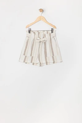 Girls Striped Linen Paperbag Short