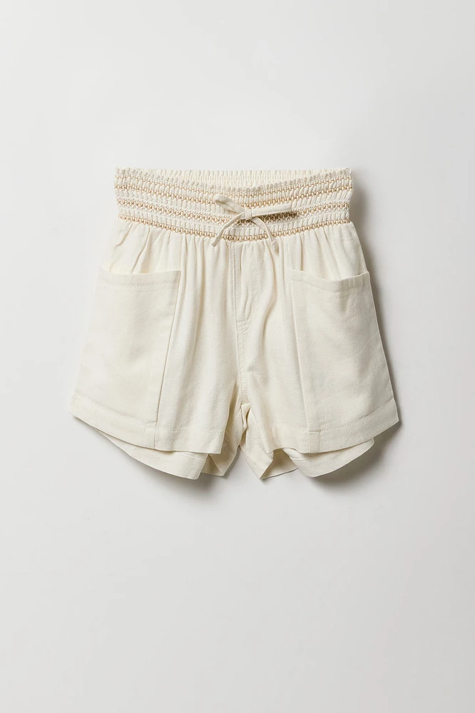 Short en lin à taille smockée pour fille