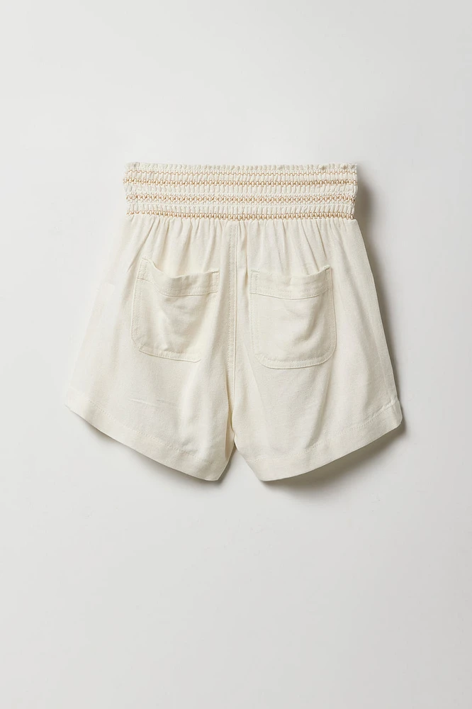 Short en lin à taille smockée pour fille