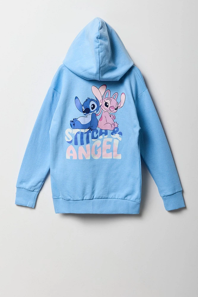 Haut à capuchon en molleton avec imprimé Stitch & Angel et fermeture glissière pour fille