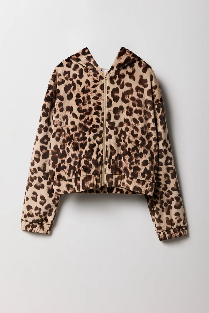 Girls Cheetah Velour Zip-Up Hoodie