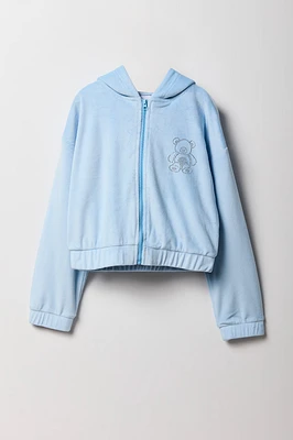 Girls Rhinestone Velour Zip-Up Hoodie