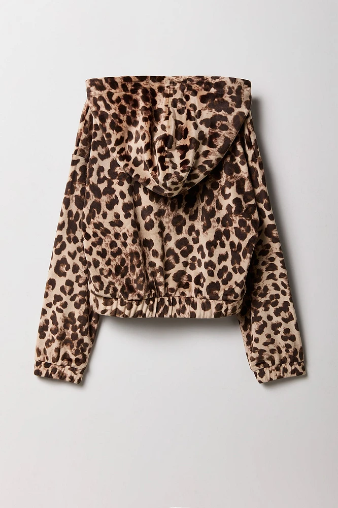 Girls Cheetah Velour Zip-Up Hoodie